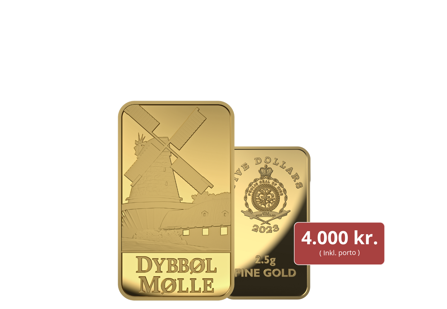 Eksklusiv Dybbøl Mølle 2,5 gram guldbarre fremstillet i 99,9% guld