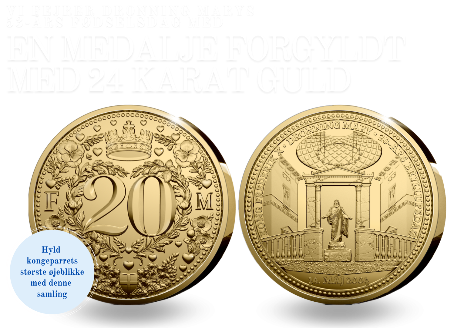 Eksklusiv forgyldt medalje med kongeparrets bryllupsdag